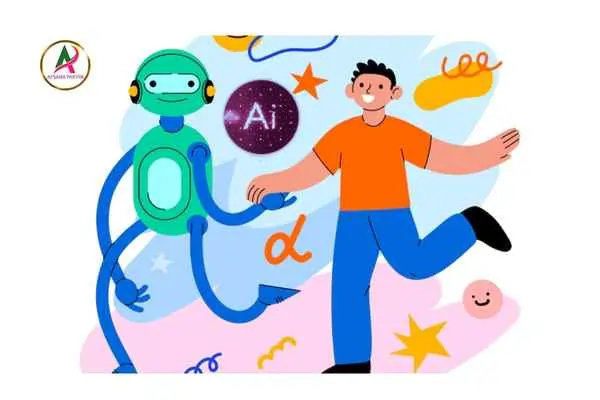 Illustration of a smiling man and friendly robot holding hands, symbolizing human-AI collaboration.