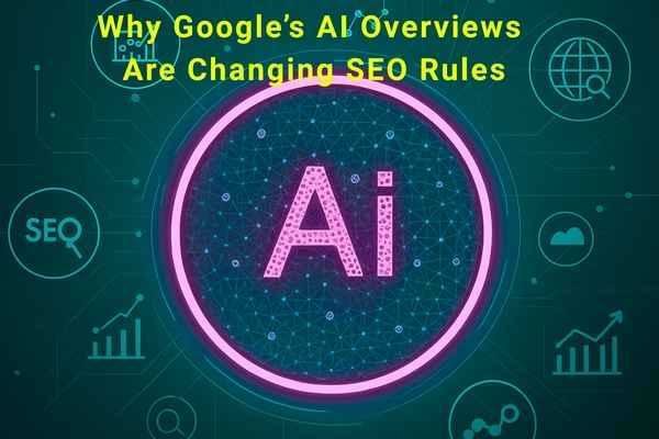 Illustration of AI concept with glowing 'AI' text and SEO-related icons, highlighting the impact of Google's AI Overviews on SEO rules.