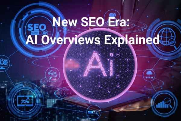 AI and SEO integration concept – digital graphics showing AI technology, search engine optimization icons, and the text ‘New SEO Era: AI Overviews Explained